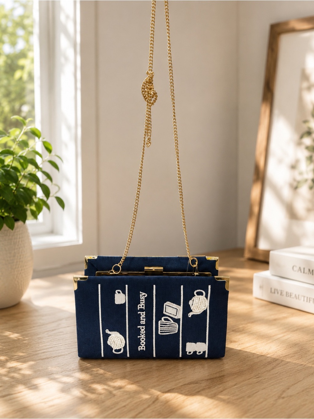 Blue 'Booked and Busy' Embroidered Crossbody Bag
